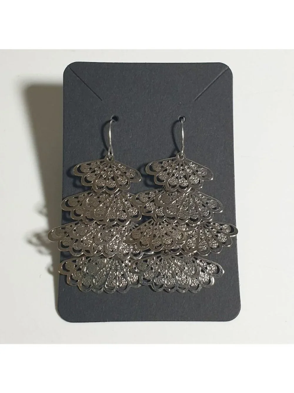 Silver Tiered Filigree Dangle Earrings Lightweight Drop Statement Jewelry Gift